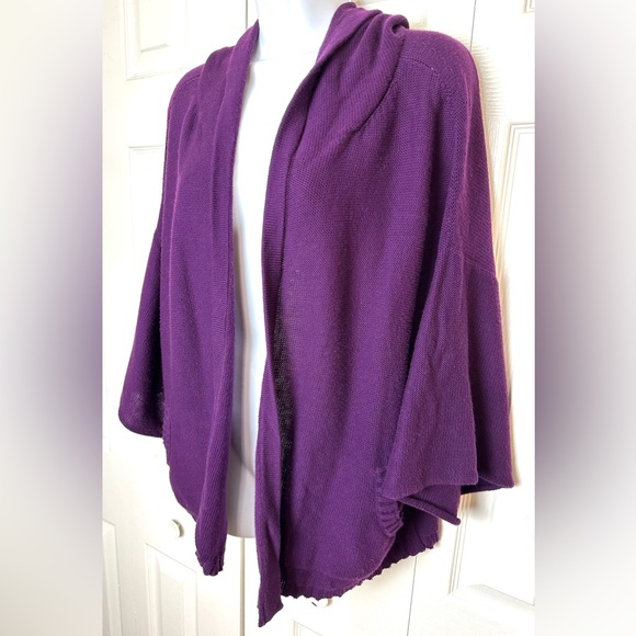 EILEEN FISHER Purple Cardigan Sweater Hooded Pockets Plum Organic Cotton Knit - Picture 2 of 14